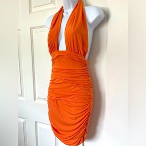 ORANGE CROSS OVER RUSHED MINI DRESS
